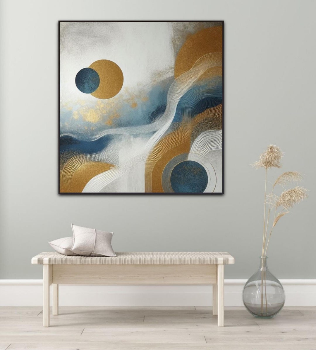 Blue Gold Abstract Original Painting on Canvas, Square Framed Wall Art ...