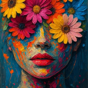 Floral Face Oil Painting 48x33 inches. One of a kind Original Painting