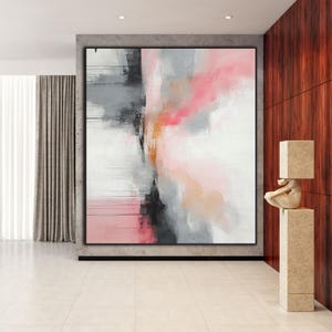 large abstract canvas painting pink grey acrylic painting gold textured painting extra large living room wall art home decor