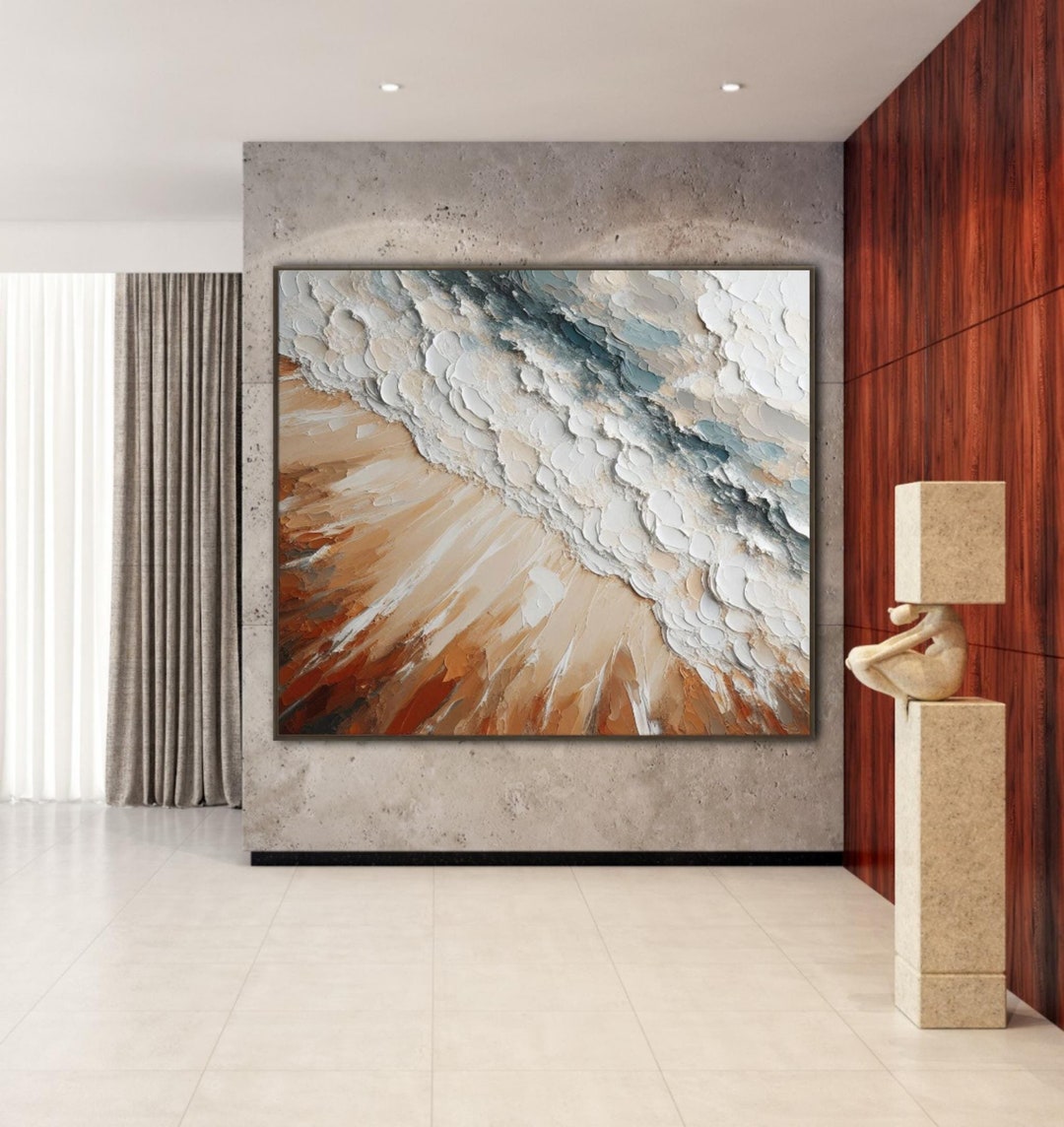 Ocean Waves Abstract Painting Wabi Sabi Wall Art 3D Beige Minimalist ...