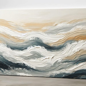 Ocean Waves Abstract Painting on Canvas 3D Textured Wall Art Heavy Textured Sea Wave Painting Beige Abstract Painting Wabi-Sabi Wall Art