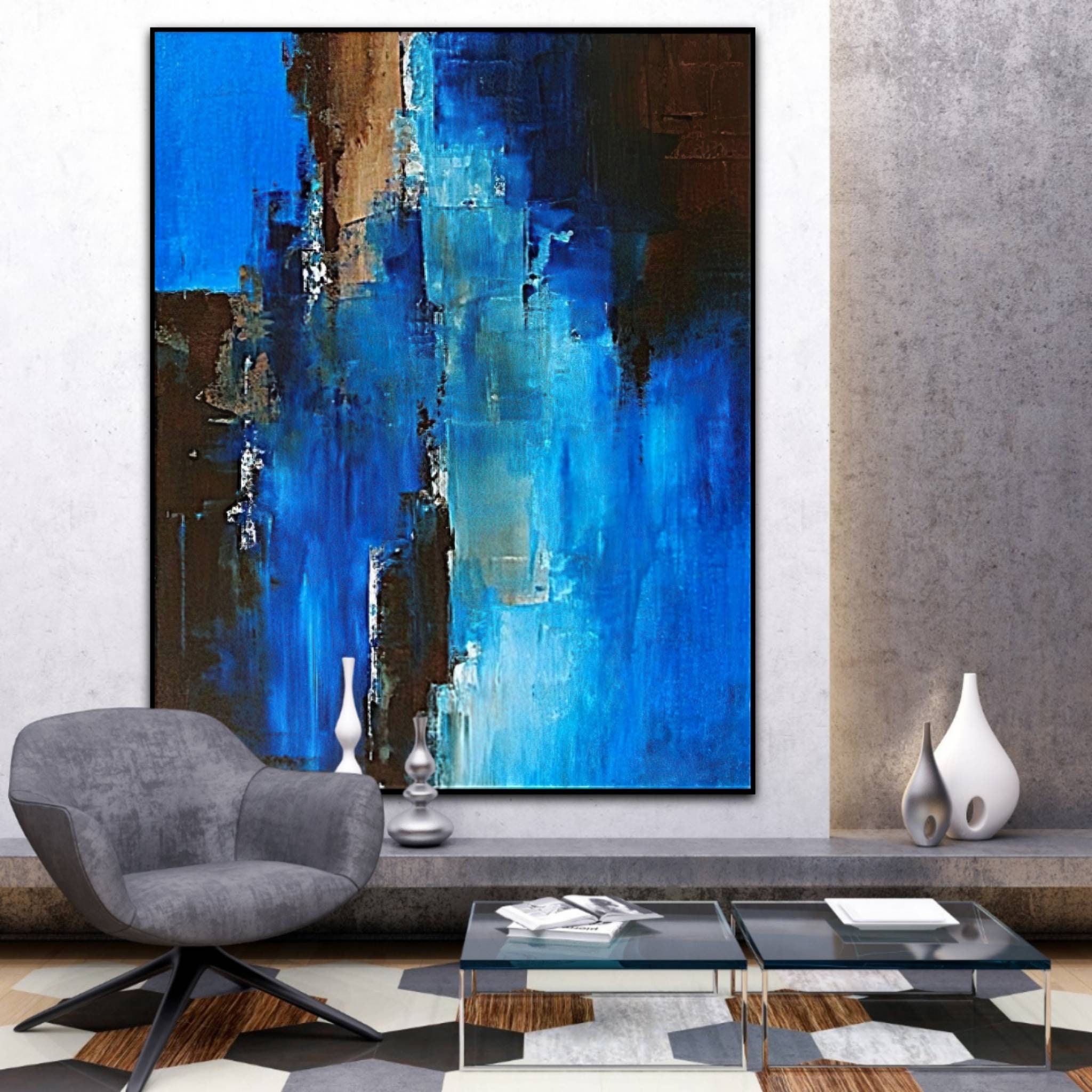 Large Original Abstract Painting Blue Textured Abstract Painting Blue