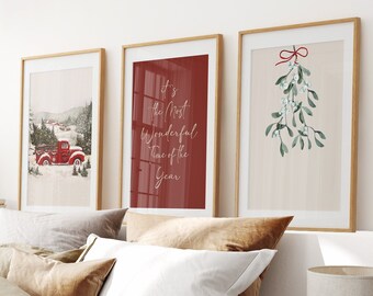 Winter Landscape Wall Art Set: Red Truck with Tree, Rustic Home Decor