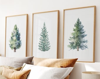 Christmas Watercolor, Evergreen Trees, Xmas Tree Wall Art, Rustic Christmas Art Decor, Set of 3 Christmas Tree Art, Painting Pine Trees Set