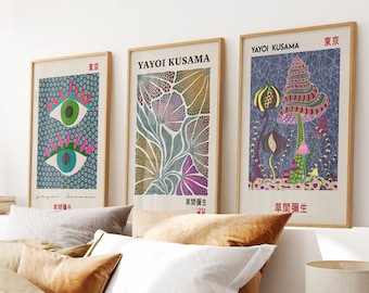 Set of 3 Kusama Art, Wall Art Living Room, Kusama Mushroom, Y2K Poster Trendy Wall Decor, Yayoi Kusama Artwork, Japanese Museum Exhibition