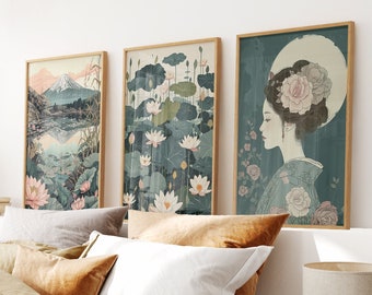 Set of 3 Japanese Home Decor, Geisha Poster, Japanese Nature, Fuji Mountain, Japanese Art Print Lilies on the water, Japanese Wall Art Gifts