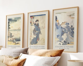 Japanese Wall Art, Set of 3 Utagawa Kuniyoshi, Japanese Decor, Asian Art Print, Japanese Ukiyo-e Style, Living Room Art, Japanese Painting