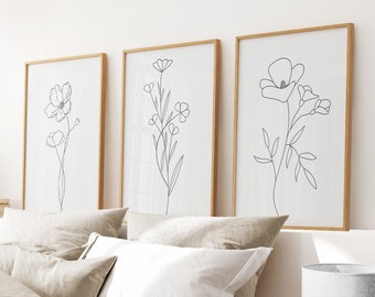Flower Line Art Print Set of 3: Minimalist Home Decor