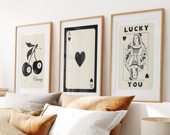 Trendy Retro Wall Art Set Of 3, Lucky You Poster, Ace of Hearts Queen Print, Retro Text Poster, Funky Wall Art Set, Playing Card Poster Art
