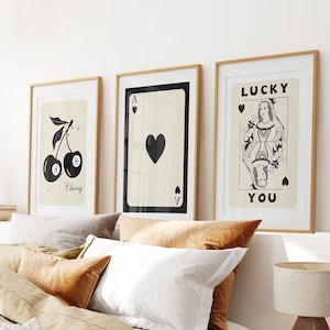 Trendy Retro Wall Art Set Of 3, Lucky You Poster, Ace of Hearts Queen Print, Retro Text Poster, Funky Wall Art Set, Playing Card Poster Art