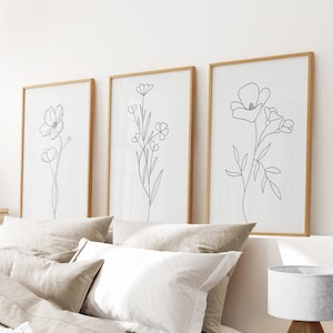 Flower Line Art Print Set of 3: Minimalist Home Decor