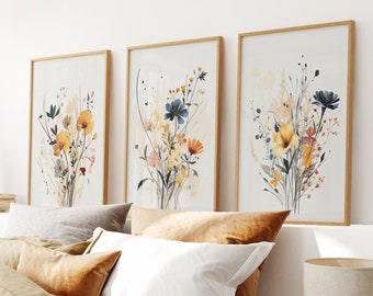 Set Of 3 Neutral Watercolor Wildflower Prints, Botanical Art Decor, Gift For Her, Floral Wall Art Prints, Watercolor Flowers Set of 3 Piece