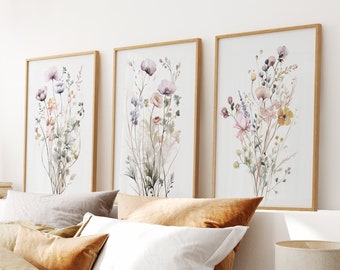 Set of 3 Wildflower Wall Art , Watercolor Flowers, Botanical Wall Art, Nursery Girls Dorm Decor, Floral Prints, Watercolor Wild Flowers Art