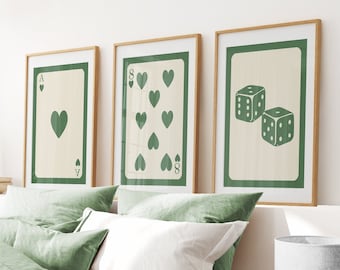 Retro Poker Card Set, Ace of Hearts Print, Funky Set of 3 Wall Art, Roll The Dice Poster, Vibrant Wall Art, 70s Style Posters, Modern Green