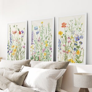 Wildflower Floral Wall Art, Watercolor Meadow Flowers Set of 3 Art ...