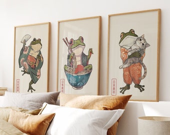 Japanese Set of 3 Frog Art, Matsumoto Hoji Poster, Japandi Wall Art, Funny Frogs, Animal Wall Art Decor,  Japanese Prints, Home Gift Idea