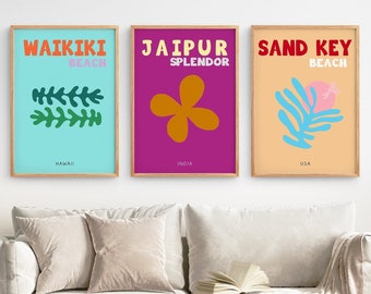 Colorful Beach Travel Print Set: Sand Key, Waikiki, Maximalist Wall Art