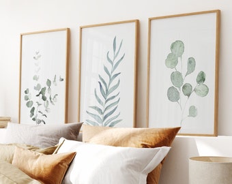 Watercolor Botanical Set of 3 Prints, Sage Green Art, Pastel Triptych Botanical, Living Room Wall Art, Minimal Green Leaves Boho Prints Set