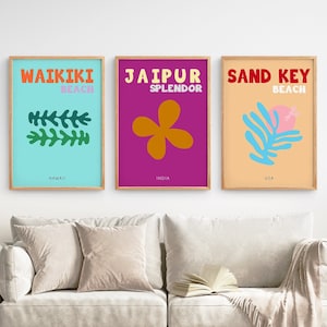 Travel Print Set of 3, Colorful Wall Art, Sand Key Beach, Waikiki Beach, Summer Travel Prints, Maximalist Wall Art Set, Beach House Wall Art