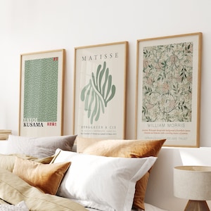 Sage Green Wall Art, Yayoi Kusama Print, Exhibition Set of 3 Matisse Wall Art, William Morris Print, Gallery Wall Set, Museum Poster Art