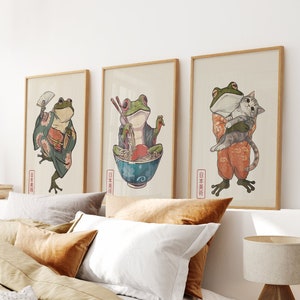 Japanese Frog Art Prints - Matsumoto Hoji Style - Set of 3