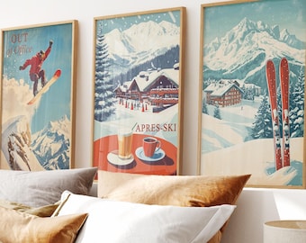 Puede incluir: Tres pósters vintage de esquí con una escena de montaña. El póster de la izquierda presenta a un esquiador con ropa roja y blanca saltando de una montaña cubierta de nieve. El póster del medio presenta una escena de montaña con un edificio rojo y blanco y el texto "APRES-SKI". El póster de la derecha presenta una escena de montaña con dos esquís rojos y blancos.