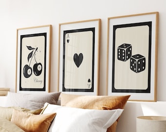 Trendy Retro Wall Art Set Of 3, Black Ace Card Poster, Funky Wall Art, Lucky You Poster, Trendy Retro Wall Art, 8 Ball Playing Card Print
