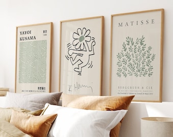 Sage Green Prints Set of 3, Yayoi Kusama Poster, Dancing Flower Print, Matisse Cutouts Wall Art Set, Exhibition Museum, Sage Green Wall Art