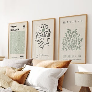 Sage Green Prints Set of 3, Yayoi Kusama Poster, Dancing Flower Print, Matisse Cutouts Wall Art Set, Exhibition Museum, Sage Green Wall Art