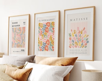 Wall Art Set of 3 Abstract Art, Flower Market Prints, Colorful Wall Art, Yayoi Kusama Posters, Trendy Colorful Matisse, Gallery Wall Bundle