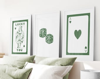 Trendy Retro Wall Art, 3 Piece Trendy Art, Queen of Hearts Art, Roll The Dice Prints, Lucky You Wall Art, Green Ace Poster, Poker Card Print