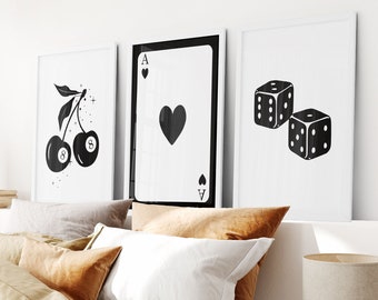 Retro Art Prints Set of 3: Ace, Dice, Cherries - Black and White