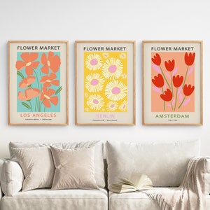 Flower Market Set of 3 Prints, Bedroom Wall Décor, Flower Market Poster, Botanical Wall Art, Boho Flower Art Set, Flower Market Home Print