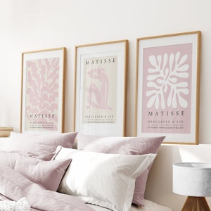 Conjunto de 3 impresiones de Matisse en rosa ruborizado, arte de pared para dormitorio, impresión de Henri Matisse, conjunto de carteles de museo, póster de exposición, conjunto moderno de Matisse.