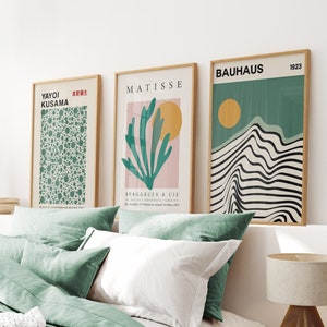 Set of 3 Exhibition Wall Art, Bauhaus Poster, Green Henri Matisse, Yayoi Kusama Prints, Large Wall Art Print, Sage Green Triptych Prints Set