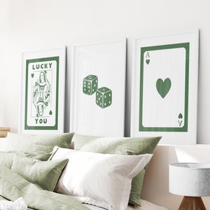 Trendy Retro Wall Art, 3 Piece Trendy Art, Queen of Hearts Art, Roll The Dice Prints, Lucky You Wall Art, Green Ace Poster, Poker Card Print