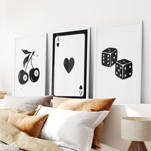 Art Prints Trendy Retro Set of 3, Black and White Set, Playing Card Art, Black Ace Poster, Fun Wall Art, Roll the Dice Print, 70s Style Set