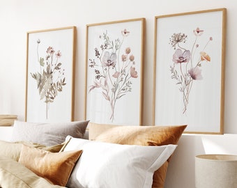 Set of 3 Wildflower Prints, Floral Wall Art, Bohemian Flower, Botanical Print, Watercolor Boho Floral Art, Bouquet Poster Art Bedroom Decor