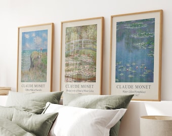 Claude Monet Print Set of 3, Monet Exhibition Vintage Print, Neutral Paintings, Museum Poster, Monet Landscape, Monet Painting Triptych Set