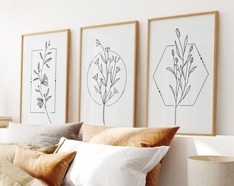 Flower Line Art Prints, Above Bed Wall Decor, Boho Wall Art Set, Black and White Minimal Floral, Neutral Botanical Set 3 Prints, Home Gift