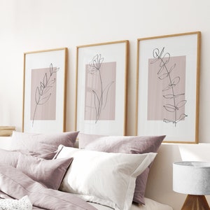 Botanical Line Art, Line Drawing Set, Neutral Wall Prints, Home Dorm Decor Art, Flower Wall Print, Girls Room Plants Line Art, Blush Pink