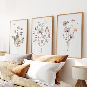 Set of 3 Wildflower Prints, Floral Wall Art, Bohemian Flower, Botanical Print, Watercolor Boho Floral Art, Bouquet Poster Art Bedroom Decor