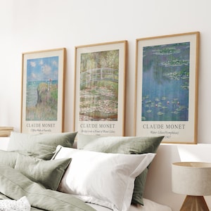 Claude Monet Print Set of 3, Monet Exhibition Vintage Print, Neutral Paintings, Museum Poster, Monet Landscape, Monet Painting Triptych Set