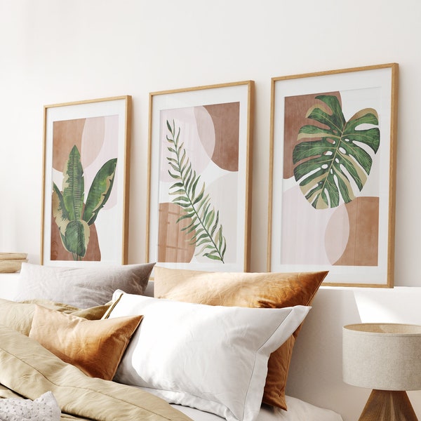 Abstract Botanical, Boho Style Prints, Earth Tone Wall Art, Modern Mid Century Boho Set Of 3 Prints, Terracotta Wall Art, Living Room Prints