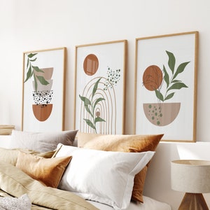 Boho wall Art Set Of 3, Terracotta Earth Tone Colors, Geometric Shapes Posters, Boho Style Abstract Art, Boho Botanical Green Plants Leaves