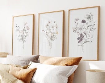 Wildflowers Set of 3 Prints, Above Bed Art, Floral set of 3 Piece, Neutral Botanical, Water Color Flowers, Modern Girls Room, Wild Flowers