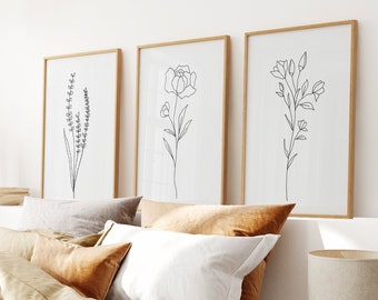 Botanical Line Art Set of 3 Prints, Above Bed Art, Floral Line Art, Botanical Minimalist, Neutral Dorm Prints, Flowers Black White Line Art