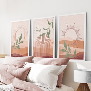 Boho Gallery Wall Art Prints: Terracotta Sun and Rainbow, Green Leaves - Set of 3