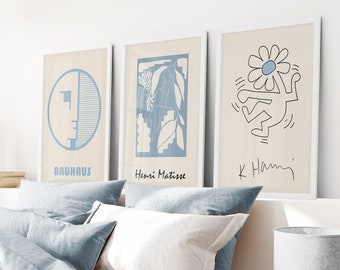 Bauhaus Poster, Henri Matisse Set, Abstract Cut Out, Poster Set of 3, Pastel Blue Wall Art, Exhibition Triptych Decor, Bedroom Wall Decor