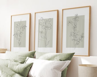 Sage Green Wall Art, Botanical Set of 3 Line Art, Living Room Dorm Wall Decor, Minimal Floral Print, Pastel Green Posters Wild Flowers Print
